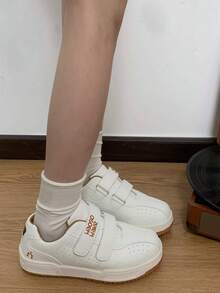 女士白色运动鞋春季新款时尚魔术贴运动休闲鞋复古百搭厚底鞋 - 卡其色 - 查看 5