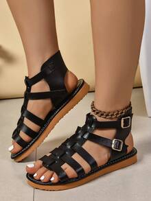 Women Light Breathable Flat Roman Sandals, Bohemian Cross Strap Hollow Out Flat Sandals, Fashionable Casual Plus Size Holiday Beach Roman Sandals, Suitable For Daily Wear And Various Festival Occasions,Spring Summer Outfits - Black - View 6