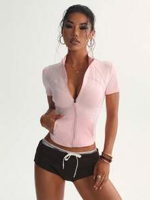 FWH Sommerunentbehrliche Jacke, Kurzarm mit Taschen, Bauch kontrollierend für Yoga/Straßenmode, büstenanhebend & taillierend, wandelbarer Kragen für Tag und Nacht, funktionell minimalistisch, zweite Haut Kompression, verstellbarer V-Kragen, 4-Wege Stretch Paneele, rutschfeste Reißverschlussschutz, Damen Jacke mit Naturgefühl im Crop-Look