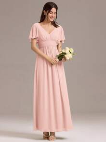 Summer Elegant Solid V-Neck Ruched Draped Chiffon Maxi Formal Pink Bridesmaid Dresses Wedding Guest Dress For Wedding - Pink - View 5