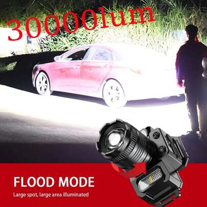 1/2/4pcs Outdoor Portable Multifunctional Headlamp, P50 Ultra Bright 30,000LUM With 1500mAh Lithium Battery, High Strength Material, 5 Lighting Modes, Rechargeable Zoom Flashlight Supports Phone Charging, Battery Level Display, Dual Strobe Mode Emergency Flashlight, Suitable For Outdoor, Home, Camping, Cycling, Fishing, Car, And Emergency Lighting