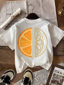 Women's Short Sleeve Round Neck T-Shirt With Orange And Grapefruit Slice Print, 100% Cotton, Comfortable And Casual For Everyday Wear, Ins Style, Vacation, Loose Top, Women's Solid Color Round Neck Short Sleeve T-Shirt, Soft And Comfortable, Street Casual, Women's Summer Top, Women's T-Shirt, Sweater, Women's Clothing, Women's Stylish Top, Women's Summer Clothing, Sporty, Summer Top, Women's Spring, Women's Gym T-Shirt, Basic T-Shirt, Women's Short Sleeve T-Shirt, Spring Summer, Women's Festival Outfit, Y2K, Funny T-Shirts Autumn Winter, Vacation, Beach, Casual, 90's Clothing, Cute Blouses, White Top, Women's Clothing For Easter, Carnival, All Seasons, Office/Lounge/Home/Outdoor Sports, Loose/Minimalist, Women's Western, Clothing, White TopTee - White - View 8