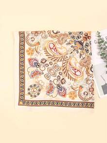 1件仿丝印花女士头巾，印花围巾，多功能头带/颈巾，日常时尚配饰 - 杏色 - 查看 3