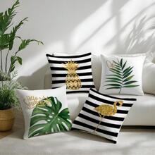 4pcs Black & White Striped, Gold Pineapple, Flamingo, Green Watercolor Leaves, Gold Heart, Printed Pillow Covers [No Pillow Insert], 17.7*17.7in (45*45cm), [Single-Sided Printing] Polyester Throw Pillow Covers For Sofa, Bed, Living Room, Bedroom, Car, Office, Hotel Decoration, Suitable For All Seasons, Perfect Gift For Family And Friends