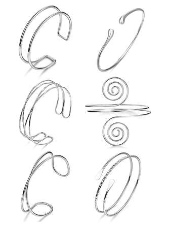 6pcs/Set Adjustable Metal Silver Simple Summer Vacation Geometric Spiral Arm Cuffs Bracelet Set, Halloween Decorations