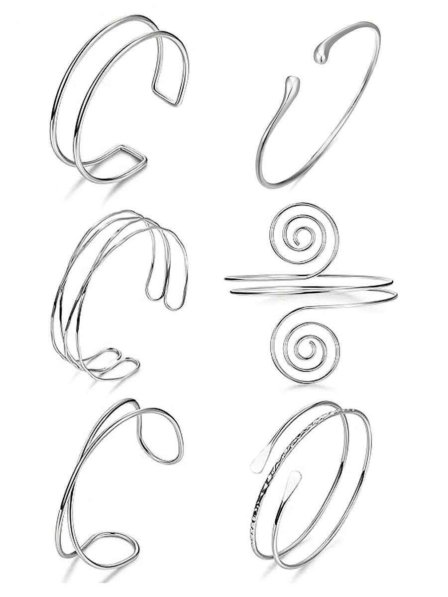 6 件/套可调节金属银色简约夏季假期几何螺旋臂袖口手镯套装，万圣节装饰 - 6PC銀色-1 - 查看 1