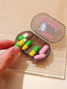 1pc Oval Pill Box With Printed Letters, Three Compartment Portable Pill Storage Medicine Box, Mini Storage Box, Portable Jewelry And Medicine Box, Personalized Creative Gift With Letter Logo, Suitable For Travel, Outdoor Activities,Room Decor - Multicolor - View 3