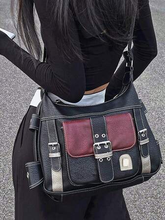 Bolso de mano de gran capacidad con textura, bolso de hombro bicolor de piel sintética (PU) para mujer, bolso informal para ir al trabajo