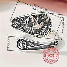 S925 Sterling Silver Vintage Floral & Bird Ring - Bohemian Style Adjustable Open Band, Unisex, Perfect For Party & Casual Wear, 3g - 銀色 - 查看 3
