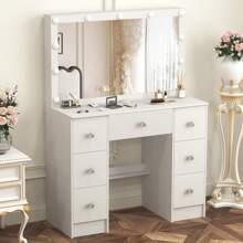 Teousev Dressing Table Large 7 Drawers Vanity Set Makeup Desk W/ LED Makeup Mirror White