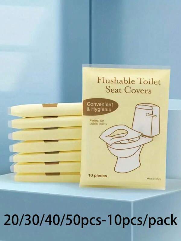 20/30/40/50/60/70/80/90/100 piezas, 10 piezas/Paquete Cubiertas desechables para asiento de inodoro, cubiertas de asiento de inodoro portátiles y solubles en agua, cojines portátiles para viajes y negocios, accesorios esenciales para viajes en avión, camping, accesorios de baño, suministros de baño