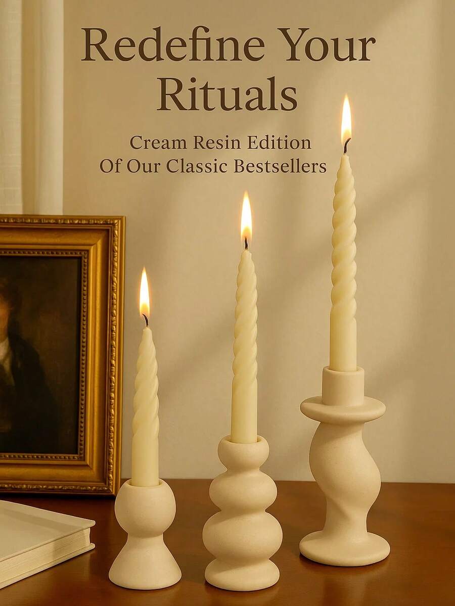 1个奶油色树脂锥形烛台，雕塑感十足的现代北欧风格烛台，适用于浪漫餐桌、家居装饰、婚礼中心摆件和创意礼品。 - 彩色 - 查看 1