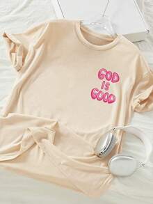 女童信仰印花短袖宽松柔软T恤，夏季休闲装，女童上衣