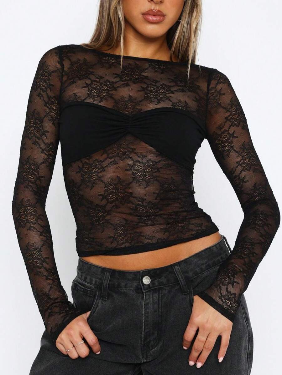 Women's Black Sexy Sheer Lace Long Sleeve Top, Y2K Style, Fashionable For Parties