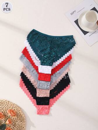 7件装性感蕾丝拼接内裤低腰无缝三角裤镂空舒适内衣女套装内衣