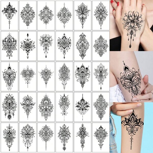 30 feuilles d'autocollants de tatouage temporaire avec des designs à la mode de dentelle noire, pendentif et floral. Imperméable et durable 2-5 jours. Convient pour l'art corporel sur les bras, les mains, les clavicules et les cuisses des femmes.