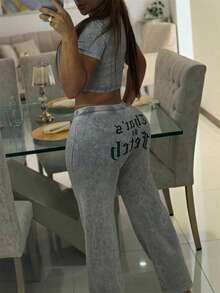 FQLWL 夏季时尚休闲短款上衣高腰裤两件套女式音乐会套装图案印花运动服套装 - 灰色 - 查看 4