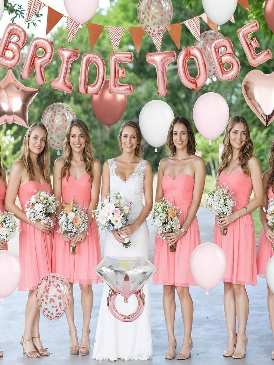 Decoraciones de fiesta para solteras en color oro rosa, globos de decoración para despedida de soltera, globos de confeti en rosa, blanco y oro rosa, y globos con forma de anillo de diamante y corazón estrella, adecuados para despedida de soltera, fiesta de compromiso y boda - Oro rosa - Ver 1