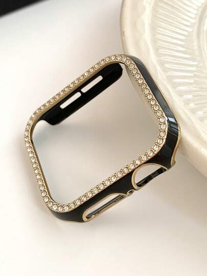 1个黑色亮面水钻装饰镂空保护壳，带防摔激光雕刻边框，适用于 40/41/42/44/45/46/49mm，也适用于 Series Ultra/SE/11/10/9/8/7/6/5/4，智能手表保护壳配件