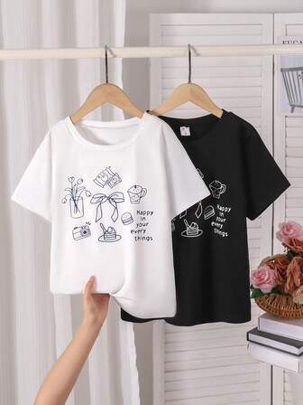 2pcs Women's Summer Casual Ins Hand Sketch Line Graphic Round Neck T-Shirt, Black & White