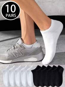 1pair/5pairs/10pairs Men's Breathable & Moisture-Wicking Sports Socks With Side Stripe, Black & White Solid Colors, Suitable For Outdoor Activity & Exercise