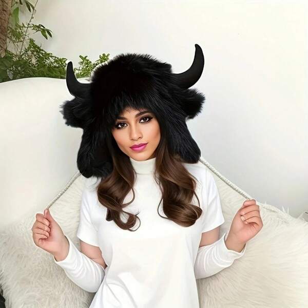 Women's Cow Skull Fisherman Hat With Faux Fur Horns - Warm Earmuff Beanie For Cold Weather, Made Of Soft Faux Mink Material, Fashionable Accessory For Outdoor, Personalized, Keeping Warm, Stylish (Color & Style Random)