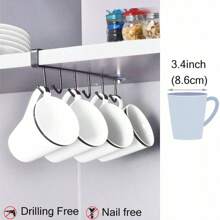 1pc White And Black Hook Cup Rack Storage Rack 6 Hooks Suitable For Cabinet, Pot, Shovel Rack, No Need To Drill Storage Rack