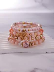 4pcs Fashionable Minimalist Pearl & Heart Pendant Multi-Layer Bracelet, Suitable For Women Daily Casual Wear