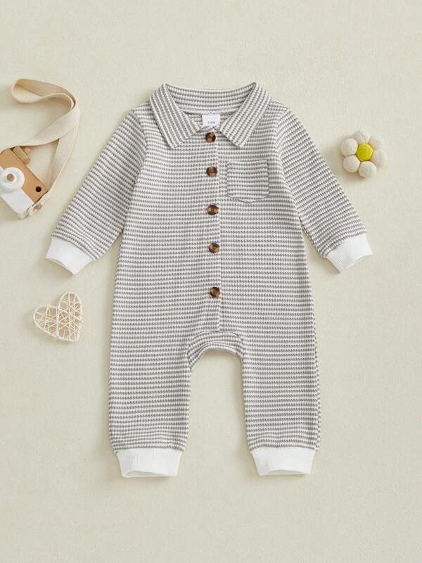 Baby Boy Striped Jumpsuit Collared Button-Up Long Sleeve Bodysuit Casual Waffle Knit Clothes