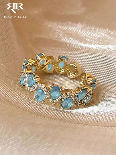 1 pieza Anillo de señora elegante y de alta gama con incrustaciones de color azul claro sintético, anillo único de estilo clásico y digno para fiestas y eventos