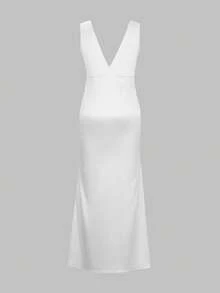 Look Polly 女士夏季连衣裙，纯色真丝长裙，吊带连衣裙，婚礼宾客礼服，秋季女装，返校季穿搭，全白派对礼服，露肩连衣裙，正式礼服，优雅性感V领长裙 - 珍珠白 - 查看 3