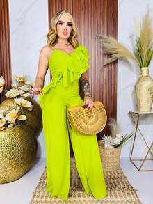 Palazzo o Jumpsuit /mono de tirantes asimétricos con escarolas  Liso  Elegante  Casual  Tela  Cinturón    Unitalla y curvy  Diario - Verde Lima - Ver 11