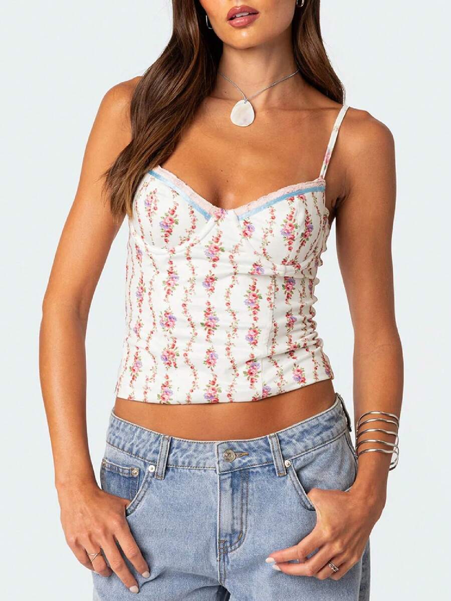 Women Cute Floral Tank Tops Y2k Sleeveless Backless Spaghetti Strap Top Summer V Neck Mini Vest Retro 00s Camisole - trắng - Xem 1