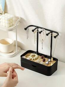 Double Layer Jewelry Holder Stand, Desktop Hanging Earring/Necklace/Bracelet/Ring/Key Organizer Tray, Makeup Vanity Storage Rack, Wooden & Metal Display Stand Back To School