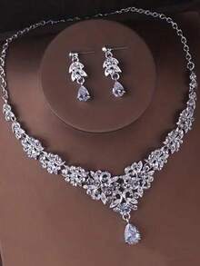 1 套金色新娘首饰 - 水钻皇冠、项链、耳环（4 件）、婚礼配饰，适合新娘礼服、婚礼、派对、舞会