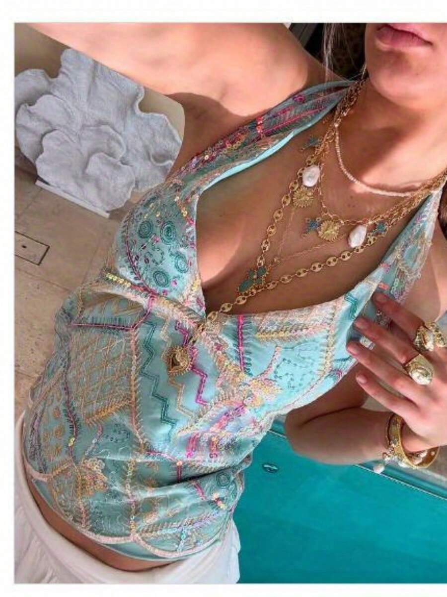 Women's Casual Vacation Style Sleeveless Hanging Neck Lace Splicing Slim Hanging Neck Camisole Tank Top Dating Vacation Party Beach Wear Fashion Summer Slim Low Neck Backless Tropical Printed Top - 藍色 - 查看 1