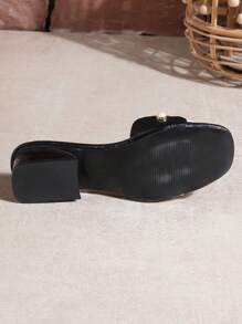 Women's Black & White Slip-On Sandal - Square Toe, Pearl Decor, Open Toe Chunky Heel Mules, Stylish Summer Slides