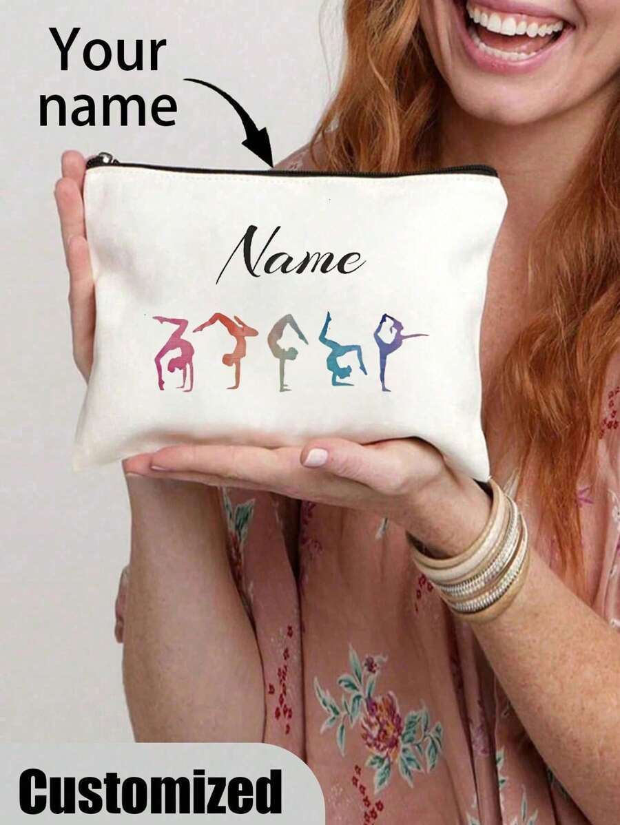 1pc Custom Gymnastics Pattern Makeup Bag - Personalized Name, Lightweight & Foldable Cosmetic Pouch, Polyester With Black Zipper, Ideal For Travel & Gifts, White, All-Purpose, Large Capacity, Versatile, Multifunction, Colorful, Cute, Adorable, Contracted, Funny, Kawaii, Y2K, Minimalist, Commuting, Business Casual, Basics, Custom, For Anniversaries, For Birthdays, For Holiday/ Vacation, For Outdoors/Outings/Travel/Hiking/Stadium/Sports/Climbing, For Business/Commute/Work/Office, Vacation, Vacation