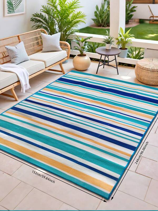 5'x8' Outdoor wasserdichter Kunststoff-Flecht-Teppich, waschbarer umkehrbarer Bodenbelag, blau gestreifter Teppich für Camping, Wohnwagen, Deck-Eingang, Veranda, Picknick, Balkon, Strand, Hinterhof