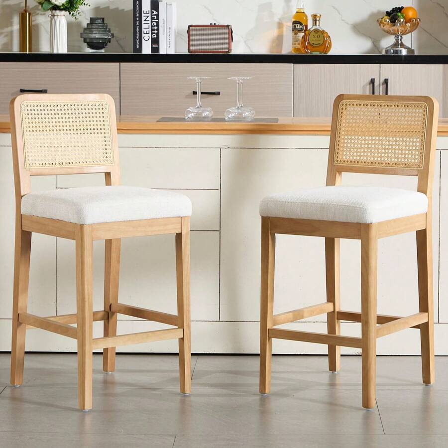 Chairus Kitchen Bar Stools Set Of 2 Upholstered High Chair In Linen Mid-Century Breakfast Counter Stool With Wooden Legs