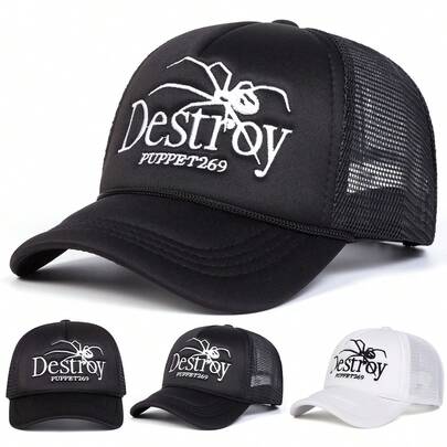 1pc Men's Destroy Puppet269 Truck Driver Hat, Personality Letter & Spider Embroidery Baseball Cap, Streetwear Casual Mesh Hat For Spring Autumn Outdoor Travel Beach Holiday