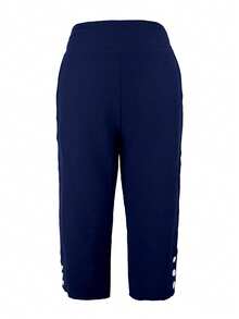 Pantalones casuales de 3/4 de talla grande para mujer, de unicolor, con bolsillos y botones, para verano - Azul Marino - Ver 2