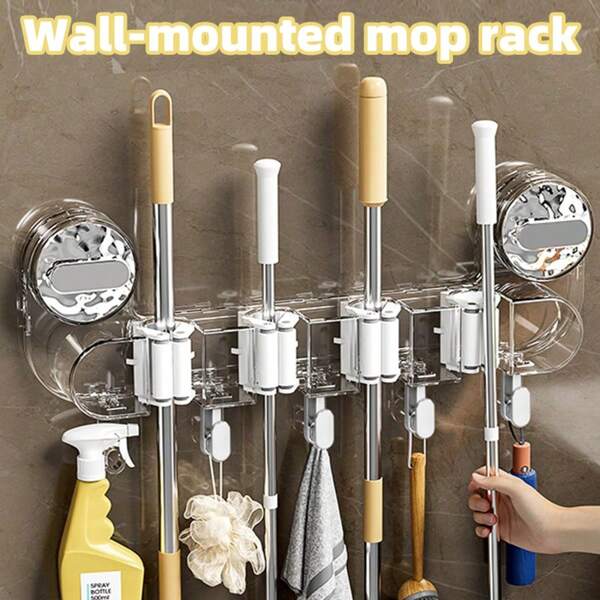[ Powerful Suction Cup Mop Clip ] Wall-Mounted Non-Perforated Hook Storage Rack For Bathroom Mops And Brooms, Fixed Hanging Rack