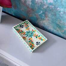 1 pieza Bandeja cuadrada de concha de perla, bandeja decorativa pintada a mano para almacenar maquillaje, joyas, bocadillos, postres, bebidas, pan, pasteles y artículos del hogar, accesorio de decoración de lujo nórdico