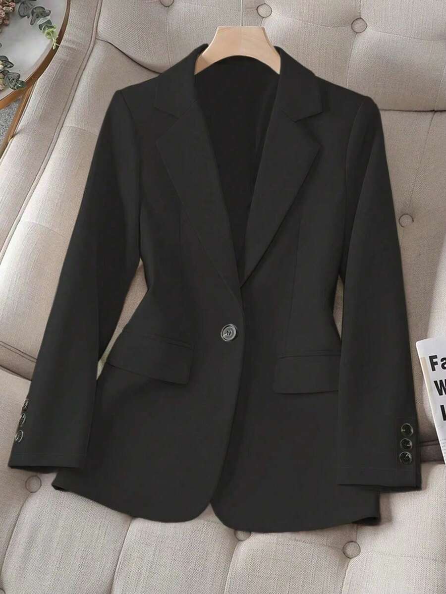 女式秋季纯色翻领长袖单扣休闲/工作薄款西装外套 - 黑色 - 查看 1