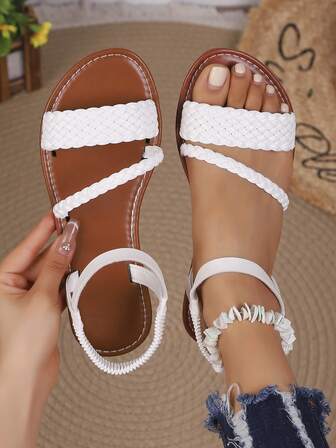 Women's Solid Color Holiday Sandals, Bohemian Woven Sandals, Women's New Summer Roman Flat Soft-Soled Open-Toe Casual Holiday Beach Ladies Sandals