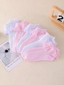 6 Pairs Children Lace Trim Mid-Calf Socks, Girls White Dance Socks, All Season