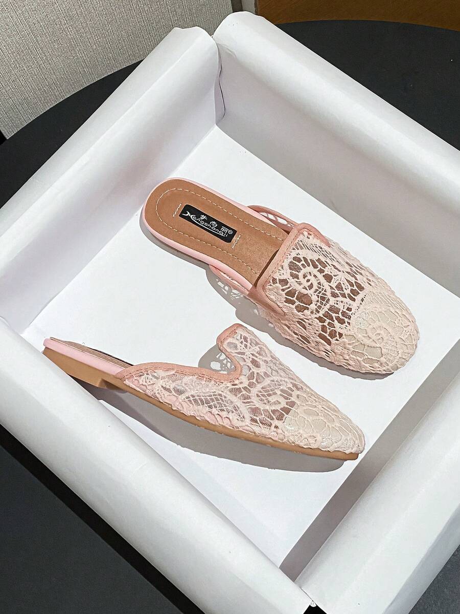 Mengshangli 2025年秋季女士网眼一脚蹬穆勒鞋，镂空透气平底休闲凉鞋 - 粉色 - 查看 1