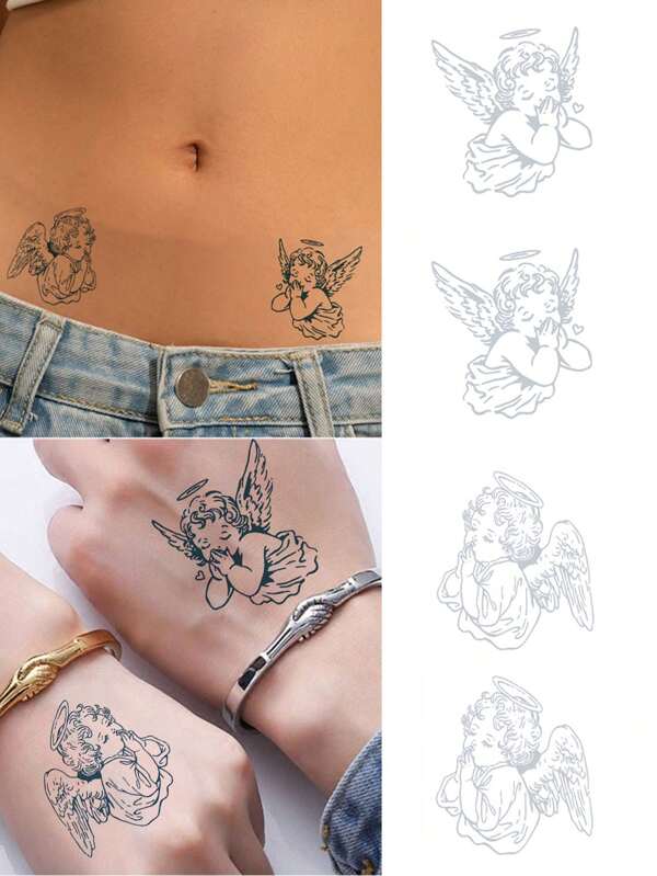 Set di 4 fogli di tatuaggi temporanei con design di angeli carini per il trucco, impermeabili e resistenti al sudore, tatuaggi artistici realistici e non riflettenti, duraturi ma non permanenti, adatti per uomini e donne, idea regalo ideale
