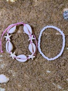 2pcs/Set Bohemian Beach Style Beaded Seashell & Starfish Handmade Bracelet Set For Women